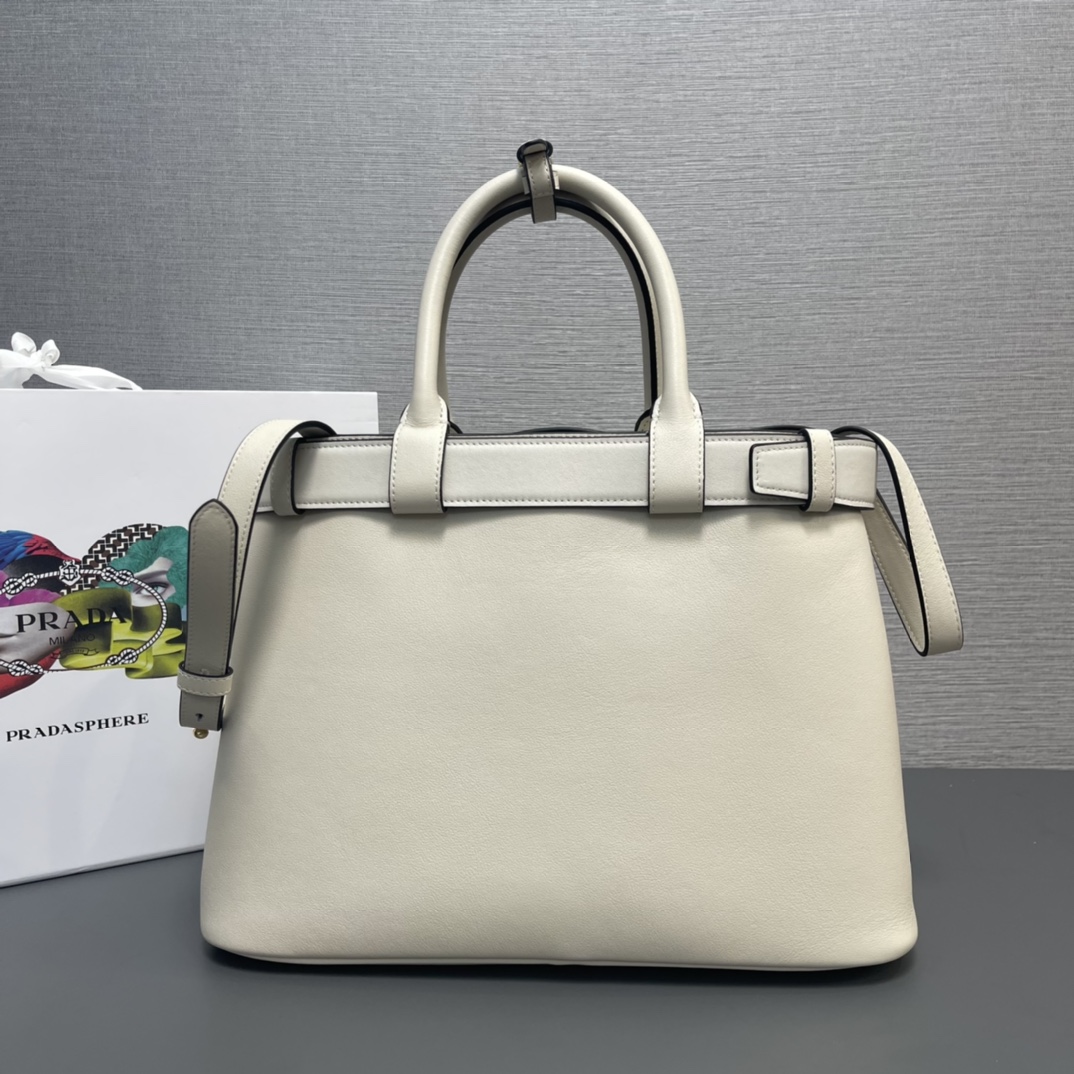 Prada Medium Buckle Leather Handbag Shoulder Bag With Belt White 1BA417